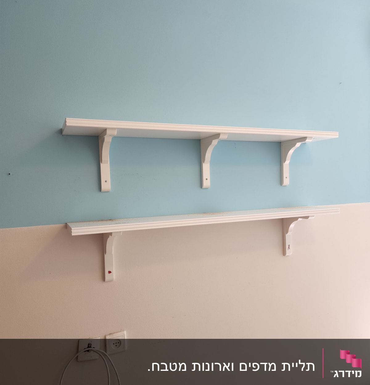 מדפים לבנים מותקנים על קיר כחול